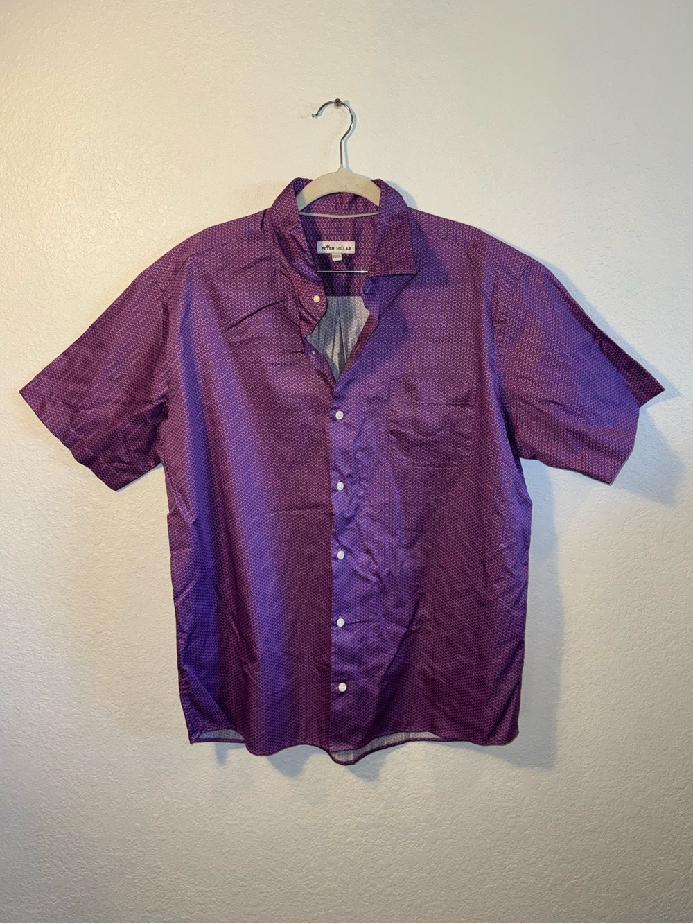 Peter Millar Purple Short Sleeve 100% Cotton Button Down Geometric Dress Shirt L